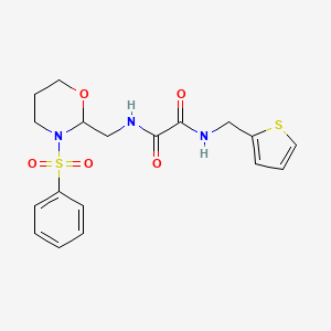 molecular formula C18H21N3O5S2 B2527526 N-[[3-(benzenesulfonyl)-1,3-oxazinan-2-yl]methyl]-N'-(thiophen-2-ylmethyl)oxamide CAS No. 872881-18-0