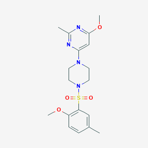 molecular formula C18H24N4O4S B2527542 4-Methoxy-6-(4-((2-methoxy-5-methylphenyl)sulfonyl)piperazin-1-yl)-2-methylpyrimidine CAS No. 946373-16-6