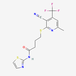 molecular formula C15H13F3N4OS2 B2527589 4-((3-cyano-6-methyl-4-(trifluoromethyl)pyridin-2-yl)thio)-N-(thiazol-2-yl)butanamide CAS No. 905769-53-1