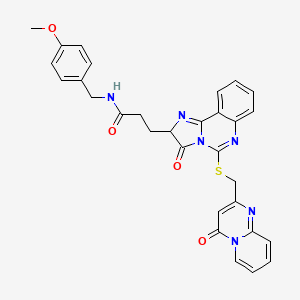molecular formula C30H26N6O4S B2527599 N-[(4-methoxyphenyl)methyl]-3-{3-oxo-5-[({4-oxo-4H-pyrido[1,2-a]pyrimidin-2-yl}methyl)sulfanyl]-2H,3H-imidazo[1,2-c]quinazolin-2-yl}propanamide CAS No. 1042723-48-7