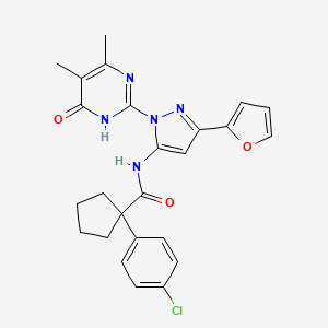 molecular formula C25H24ClN5O3 B2527647 1-(4-chlorophenyl)-N-(1-(4,5-dimethyl-6-oxo-1,6-dihydropyrimidin-2-yl)-3-(furan-2-yl)-1H-pyrazol-5-yl)cyclopentanecarboxamide CAS No. 1207041-72-2
