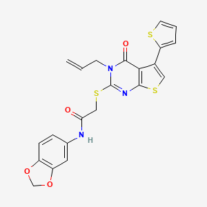 molecular formula C22H17N3O4S3 B2527702 N-(1,3-benzodioxol-5-yl)-2-(4-oxo-3-prop-2-enyl-5-thiophen-2-ylthieno[2,3-d]pyrimidin-2-yl)sulfanylacetamide CAS No. 379239-41-5