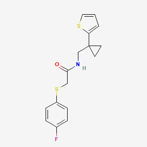 molecular formula C16H16FNOS2 B2527735 2-((4-氟苯基)硫代)-N-((1-(噻吩-2-基)环丙基)甲基)乙酰胺 CAS No. 1210289-85-2