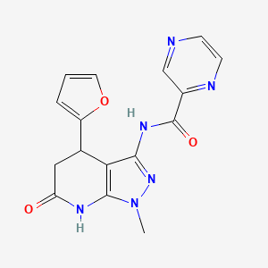 molecular formula C16H14N6O3 B2527739 N-(4-(furan-2-yl)-1-methyl-6-oxo-4,5,6,7-tetrahydro-1H-pyrazolo[3,4-b]pyridin-3-yl)pyrazine-2-carboxamide CAS No. 1208834-90-5