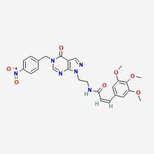 molecular formula C26H26N6O7 B2527764 (Z)-N-(2-(5-(4-nitrobenzyl)-4-oxo-4,5-dihydro-1H-pyrazolo[3,4-d]pyrimidin-1-yl)ethyl)-3-(3,4,5-trimethoxyphenyl)acrylamide CAS No. 1006789-38-3