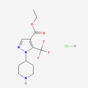 molecular formula C12H17ClF3N3O2 B2527826 Ethyl 1-piperidin-4-yl-5-(trifluoromethyl)pyrazole-4-carboxylate;hydrochloride CAS No. 2377032-17-0