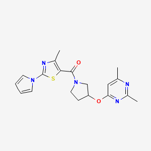 molecular formula C19H21N5O2S B2527827 2,4-dimethyl-6-({1-[4-methyl-2-(1H-pyrrol-1-yl)-1,3-thiazole-5-carbonyl]pyrrolidin-3-yl}oxy)pyrimidine CAS No. 2097909-96-9