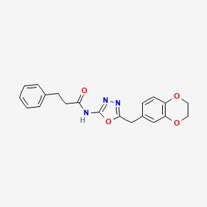 molecular formula C20H19N3O4 B2527898 N-(5-((2,3-dihydrobenzo[b][1,4]dioxin-6-yl)methyl)-1,3,4-oxadiazol-2-yl)-3-phenylpropanamide CAS No. 922048-12-2