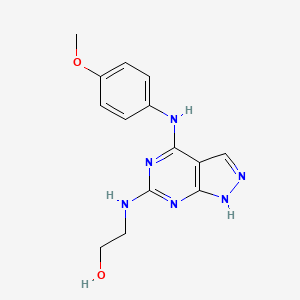molecular formula C14H16N6O2 B2527949 2-((4-((4-methoxyphenyl)amino)-1H-pyrazolo[3,4-d]pyrimidin-6-yl)amino)ethanol CAS No. 1105224-15-4