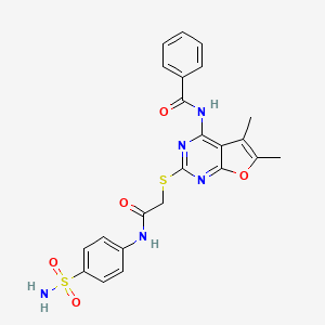 molecular formula C23H21N5O5S2 B2527953 N-{2-[(2-{[4-(aminosulfonyl)phenyl]amino}-2-oxoethyl)thio]-5,6-dimethylfuro[2,3-d]pyrimidin-4-yl}benzamide CAS No. 712284-05-4