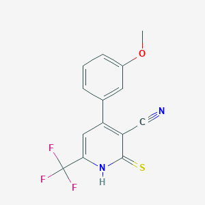 molecular formula C14H9F3N2OS B2528028 2-Mercapto-4-(3-methoxyphenyl)-6-(trifluoromethyl)nicotinonitrile CAS No. 861414-12-2