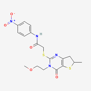 molecular formula C18H20N4O5S2 B2528058 2-[[3-(2-甲氧基乙基)-6-甲基-4-氧代-6,7-二氢噻吩并[3,2-d]嘧啶-2-基]硫代]-N-(4-硝基苯基)乙酰胺 CAS No. 851410-25-8