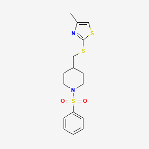 molecular formula C16H20N2O2S3 B2528075 4-Methyl-2-(((1-(phenylsulfonyl)piperidin-4-yl)methyl)thio)thiazole CAS No. 1428363-47-6