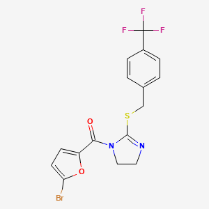 molecular formula C16H12BrF3N2O2S B2528265 (5-Bromofuran-2-yl)-[2-[[4-(trifluoromethyl)phenyl]methylsulfanyl]-4,5-dihydroimidazol-1-yl]methanone CAS No. 851806-59-2