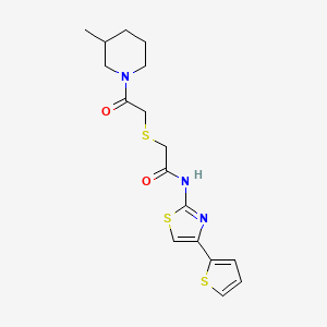 molecular formula C17H21N3O2S3 B2528267 2-[2-(3-methylpiperidin-1-yl)-2-oxoethyl]sulfanyl-N-(4-thiophen-2-yl-1,3-thiazol-2-yl)acetamide CAS No. 681224-82-8
