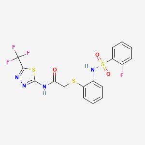 molecular formula C17H12F4N4O3S3 B2528302 2-[(2-{[(2-fluorophenyl)sulfonyl]amino}phenyl)sulfanyl]-N-[5-(trifluoromethyl)-1,3,4-thiadiazol-2-yl]acetamide CAS No. 478045-38-4