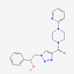 molecular formula C20H22N6O2 B2528322 1-phenyl-2-{4-[(4-pyridin-2-ylpiperazin-1-yl)carbonyl]-1H-1,2,3-triazol-1-yl}ethanol CAS No. 1396798-84-7