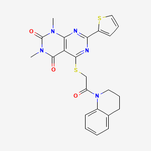 molecular formula C23H21N5O3S2 B2528333 5-[2-(3,4-dihydro-2H-quinolin-1-yl)-2-oxoethyl]sulfanyl-1,3-dimethyl-7-thiophen-2-ylpyrimido[4,5-d]pyrimidine-2,4-dione CAS No. 847191-54-2