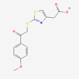 molecular formula C14H13NO4S2 B2528354 2-(2-((2-(4-Methoxyphenyl)-2-oxoethyl)thio)thiazol-4-yl)acetic acid CAS No. 1286721-14-9