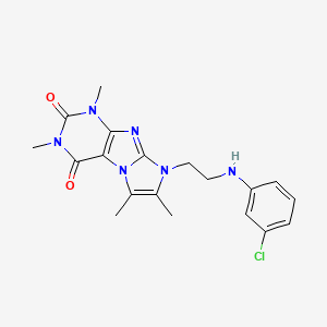 molecular formula C19H21ClN6O2 B2528387 8-(2-((3-chlorophenyl)amino)ethyl)-1,3,6,7-tetramethyl-1H-imidazo[2,1-f]purine-2,4(3H,8H)-dione CAS No. 923151-97-7