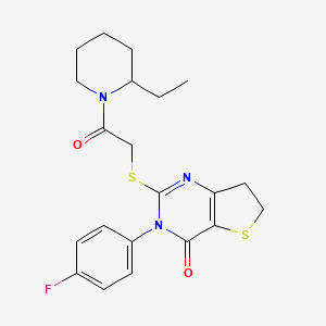 molecular formula C21H24FN3O2S2 B2528394 2-[2-(2-Ethylpiperidin-1-yl)-2-oxoethyl]sulfanyl-3-(4-fluorophenyl)-6,7-dihydrothieno[3,2-d]pyrimidin-4-one CAS No. 686773-02-4