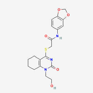 molecular formula C19H21N3O5S B2528594 N-(benzo[d][1,3]dioxol-5-yl)-2-((1-(2-hydroxyethyl)-2-oxo-1,2,5,6,7,8-hexahydroquinazolin-4-yl)thio)acetamide CAS No. 942013-28-7