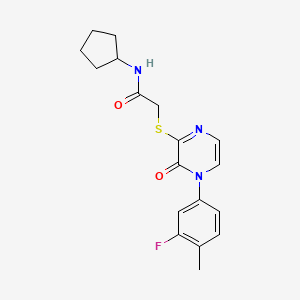 molecular formula C18H20FN3O2S B2528622 N-cyclopentyl-2-((4-(3-fluoro-4-methylphenyl)-3-oxo-3,4-dihydropyrazin-2-yl)thio)acetamide CAS No. 900006-75-9