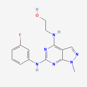 molecular formula C14H15FN6O B2528676 2-((6-((3-fluorophenyl)amino)-1-methyl-1H-pyrazolo[3,4-d]pyrimidin-4-yl)amino)ethanol CAS No. 897619-40-8