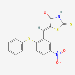 molecular formula C16H10N2O3S3 B2528726 (5Z)-5-{[5-nitro-2-(phenylsulfanyl)phenyl]methylidene}-2-sulfanylidene-1,3-thiazolidin-4-one CAS No. 1055977-25-7