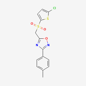 molecular formula C14H11ClN2O3S2 B2528728 5-(((5-Chlorothiophen-2-yl)sulfonyl)methyl)-3-(p-tolyl)-1,2,4-oxadiazole CAS No. 1105234-22-7