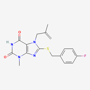 molecular formula C17H17FN4O2S B2528755 8-[(4-Fluorophenyl)methylsulfanyl]-3-methyl-7-(2-methylprop-2-enyl)purine-2,6-dione CAS No. 377061-03-5