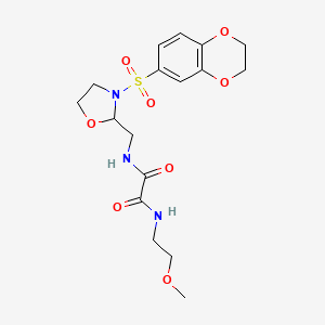 molecular formula C17H23N3O8S B2528778 N1-((3-((2,3-二氢苯并[b][1,4]二氧杂环-6-基)磺酰基)恶唑烷-2-基)甲基)-N2-(2-甲氧基乙基)草酰胺 CAS No. 868982-32-5