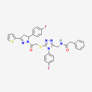 molecular formula C32H26F2N6O2S2 B2528936 N-((4-(4-fluorophenyl)-5-((2-(5-(4-fluorophenyl)-3-(thiophen-2-yl)-4,5-dihydro-1H-pyrazol-1-yl)-2-oxoethyl)thio)-4H-1,2,4-triazol-3-yl)methyl)-2-phenylacetamide CAS No. 362505-61-1