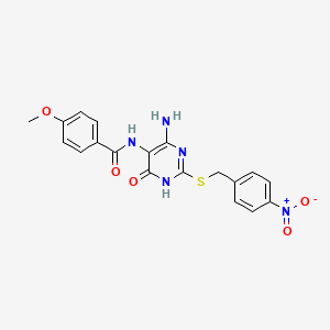 molecular formula C19H17N5O5S B2528940 N-(4-amino-2-((4-nitrobenzyl)thio)-6-oxo-1,6-dihydropyrimidin-5-yl)-4-methoxybenzamide CAS No. 888419-36-1