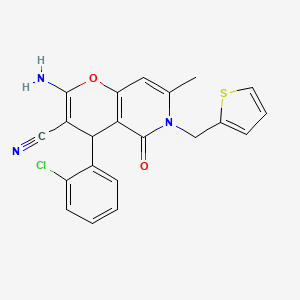 molecular formula C21H16ClN3O2S B2528965 2-amino-4-(2-chlorophenyl)-7-methyl-5-oxo-6-(thiophen-2-ylmethyl)-5,6-dihydro-4H-pyrano[3,2-c]pyridine-3-carbonitrile CAS No. 638138-80-4