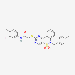 molecular formula C27H23FN4O3S2 B2529040 N-(3-fluoro-4-methylphenyl)-2-((6-(4-methylbenzyl)-5,5-dioxido-6H-benzo[c]pyrimido[4,5-e][1,2]thiazin-2-yl)thio)acetamide CAS No. 1115570-33-6