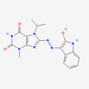 molecular formula C17H17N7O3 B2529145 (E)-7-isopropyl-3-methyl-8-(2-(2-oxoindolin-3-ylidene)hydrazinyl)-1H-purine-2,6(3H,7H)-dione CAS No. 714236-19-8