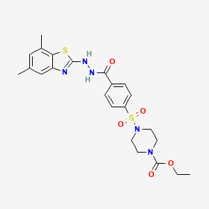 molecular formula C23H27N5O5S2 B2529148 Ethyl 4-((4-(2-(5,7-dimethylbenzo[d]thiazol-2-yl)hydrazinecarbonyl)phenyl)sulfonyl)piperazine-1-carboxylate CAS No. 851987-61-6