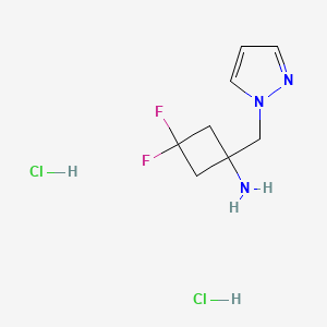 molecular formula C8H13Cl2F2N3 B2529231 3,3-二氟-1-(吡唑-1-甲基)环丁-1-胺；二盐酸盐 CAS No. 2247108-13-8