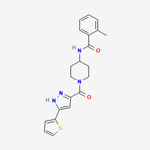 molecular formula C21H22N4O2S B2529293 2-methyl-N-(1-(3-(thiophen-2-yl)-1H-pyrazole-5-carbonyl)piperidin-4-yl)benzamide CAS No. 1322748-05-9