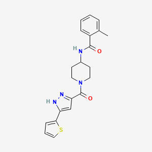 molecular formula C21H22N4O2S B2529293 2-甲基-N-(1-(3-(噻吩-2-基)-1H-吡唑-5-羰基)哌啶-4-基)苯甲酰胺 CAS No. 1322748-05-9