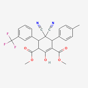 molecular formula C26H21F3N2O5 B2529356 Dimethyl 5,5-dicyano-2-hydroxy-6-(4-methylphenyl)-4-[3-(trifluoromethyl)phenyl]-1-cyclohexene-1,3-dicarboxylate CAS No. 1212217-00-9