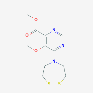 molecular formula C11H15N3O3S2 B2529376 Methyl 6-(1,2,5-dithiazepan-5-yl)-5-methoxypyrimidine-4-carboxylate CAS No. 2178339-47-2