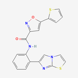 molecular formula C19H12N4O2S2 B2529377 N-(2-(咪唑并[2,1-b]噻唑-6-基)苯基)-5-(噻吩-2-基)异恶唑-3-甲酰胺 CAS No. 1798513-72-0