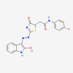 molecular formula C19H14FN5O3S B2529379 N-(4-fluorophenyl)-2-{(2E)-4-oxo-2-[(2Z)-(2-oxo-1,2-dihydro-3H-indol-3-ylidene)hydrazinylidene]-1,3-thiazolidin-5-yl}acetamide CAS No. 540762-97-8