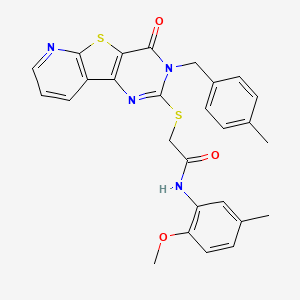 molecular formula C27H24N4O3S2 B2529471 N-(2-methoxy-5-methylphenyl)-2-((3-(4-methylbenzyl)-4-oxo-3,4-dihydropyrido[3',2':4,5]thieno[3,2-d]pyrimidin-2-yl)thio)acetamide CAS No. 1223858-84-1