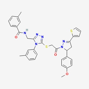 molecular formula C34H32N6O3S2 B2529486 N-((5-((2-(5-(4-甲氧基苯基)-3-(噻吩-2-基)-4,5-二氢-1H-吡唑-1-基)-2-氧代乙基)硫代)-4-(间甲苯基)-4H-1,2,4-三唑-3-基)甲基)-3-甲基苯甲酰胺 CAS No. 362502-62-3