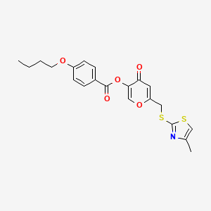 molecular formula C21H21NO5S2 B2529527 6-(((4-methylthiazol-2-yl)thio)methyl)-4-oxo-4H-pyran-3-yl 4-butoxybenzoate CAS No. 896302-90-2