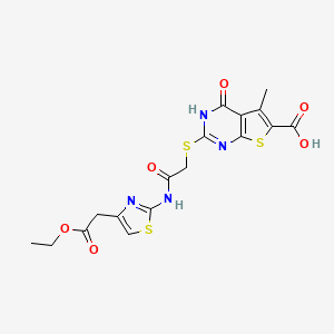 molecular formula C17H16N4O6S3 B2529609 2-((2-((4-(2-Ethoxy-2-oxoethyl)thiazol-2-yl)amino)-2-oxoethyl)thio)-5-methyl-4-oxo-3,4-dihydrothieno[2,3-d]pyrimidine-6-carboxylic acid CAS No. 712284-11-2