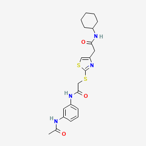 molecular formula C21H26N4O3S2 B2529658 N-(3-acetamidophenyl)-2-((4-(2-(cyclohexylamino)-2-oxoethyl)thiazol-2-yl)thio)acetamide CAS No. 954094-44-1
